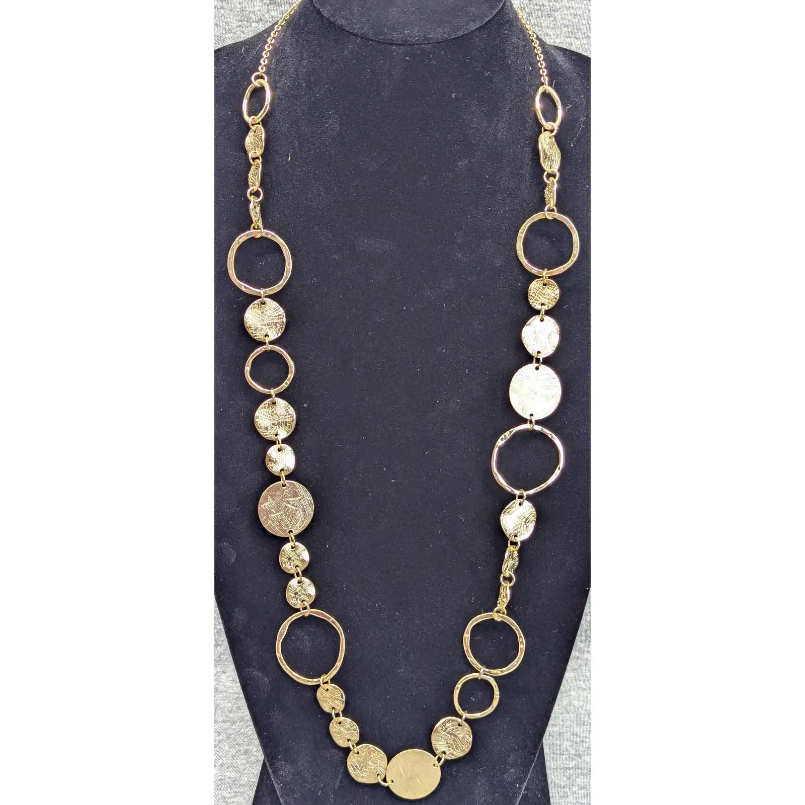 Long Chain Necklace GoldTone Disks And Hoops Lobster Clasp 32 Long Chain Necklace GoldTone Disks And Hoops Lobster Clasp 32